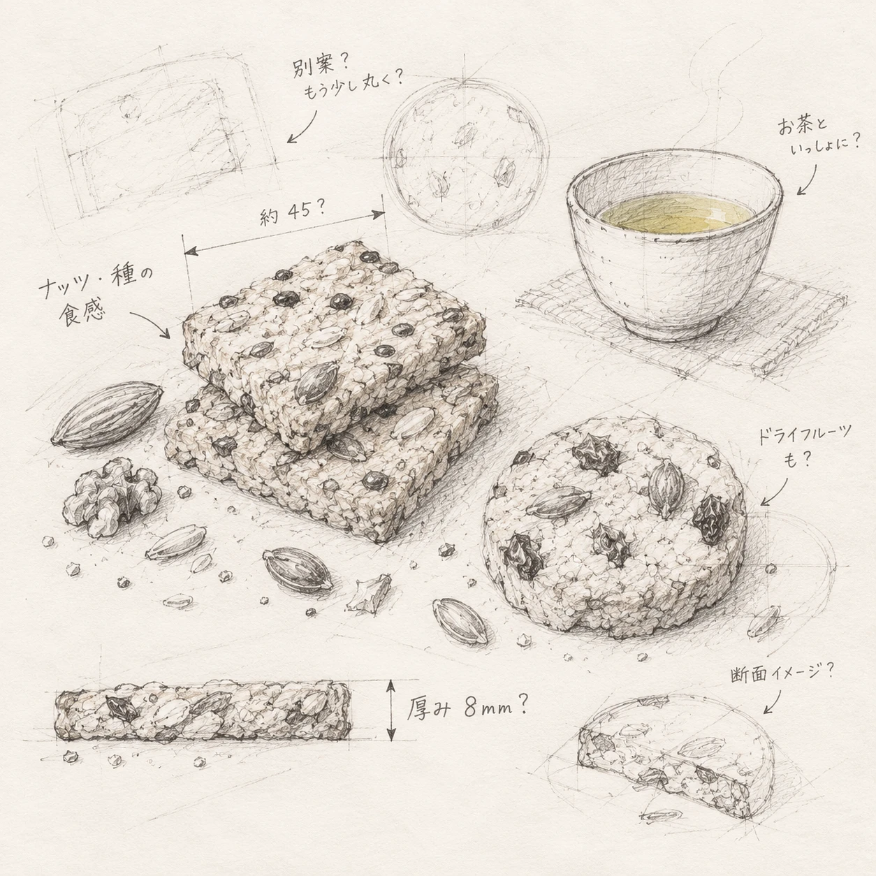 香ばしいナッツや種の焼き菓子とお茶の鉛筆デッサン