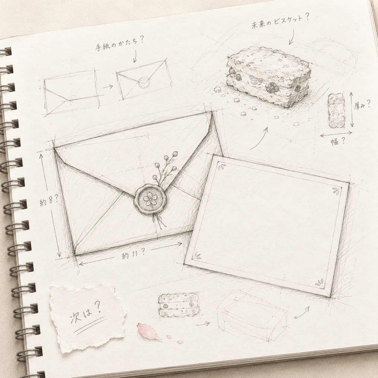 未来への手紙と、思い描いたおやつの鉛筆デッサン