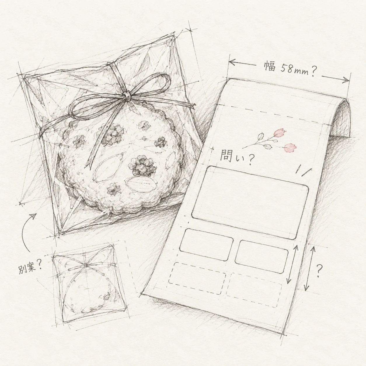 質問欄を添えたレシートと包まれたお菓子の鉛筆デッサン