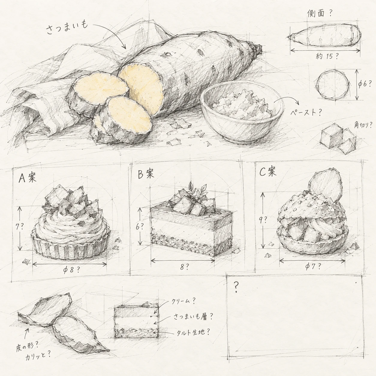 一つのさつまいもと三つの商品スケッチを並べた鉛筆デッサン