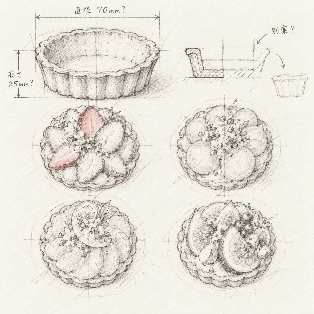 同じ形で果物の彩りが異なる四つのタルトの鉛筆デッサン