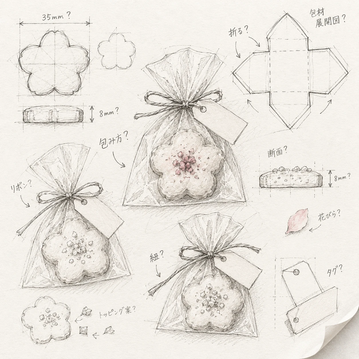 小さな花形のお菓子を一つずつ包んだ贈り物の鉛筆デッサン